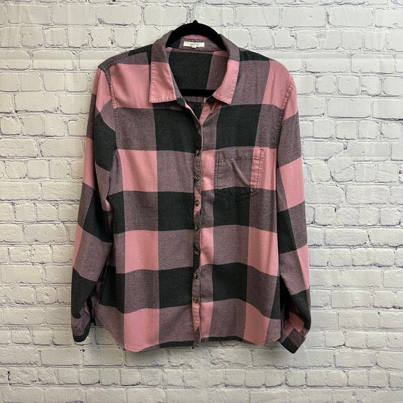Maurice's Pink Gray Plaid Button Down Shirt Soft Flannel Size XL Fall Bonfire - Picture 1 of 6